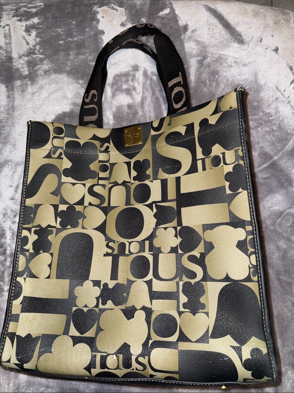 Tous Black and Olive Logo Graphic Tote